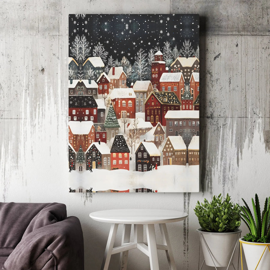Winter Village Canvas Wall Art | Snowy Night Town Scenery | 1.25 Inch Premium Gallery Wrap | Cozy Christmas Home Decor Gift