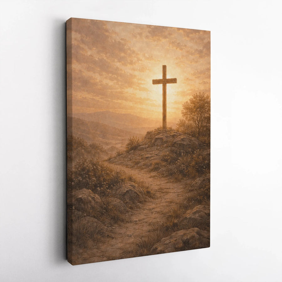 Christian Cross Vertical Canvas | Vintage Calvary Hill at Sunrise | Premium High-Resolution Print | Inspirational Religious Home Decor & Faith Based Gift