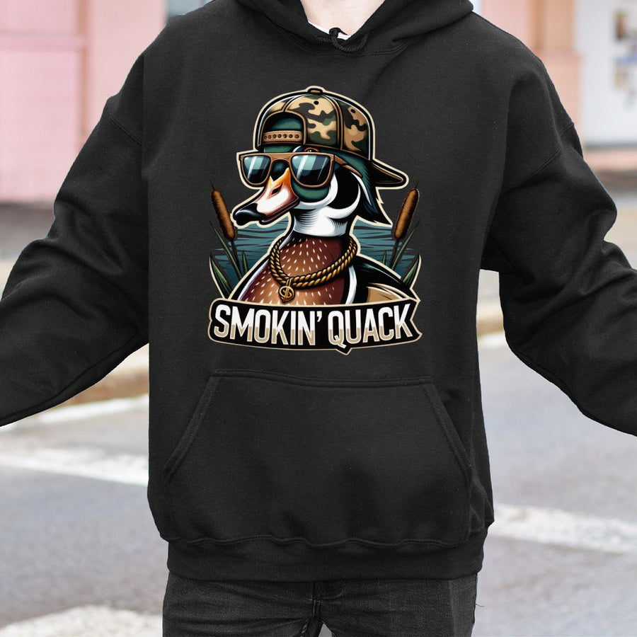 Smokin' Quack Duck Hoodie | Funny Camo Hat Waterfowl Hunter Gift | Premium Cotton-Blend | Trendy Wildlife Graphic Sweatshirt for Hunters
