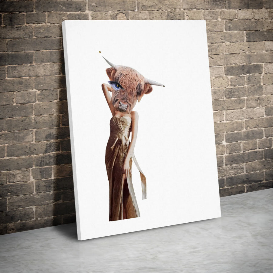 Highland Cow Canvas Wall Art | Surreal Fashion Portrait in Gold Gown | Premium Gallery Wrapped Decor | Unique Maximalist Home Gift