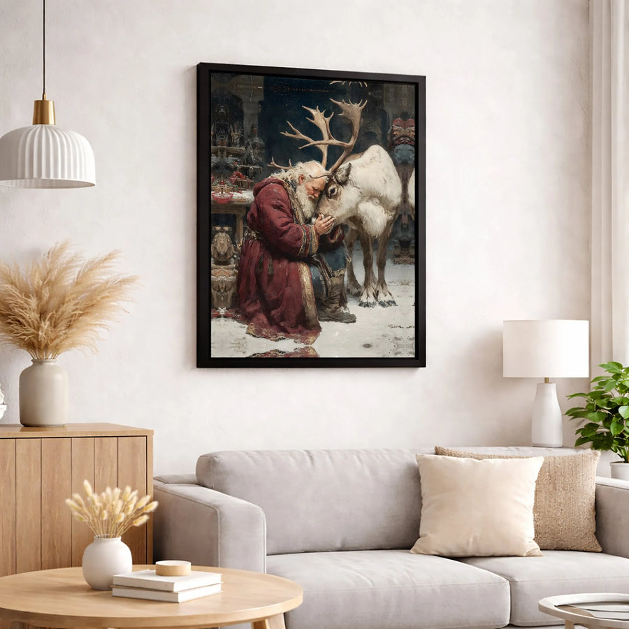Vintage Santa And Reindeer Canvas Wall Art | Whimsical Christmas Painting Print | Premium Gallery-Wrapped Gallery Quality | Holiday Home Decor Gift