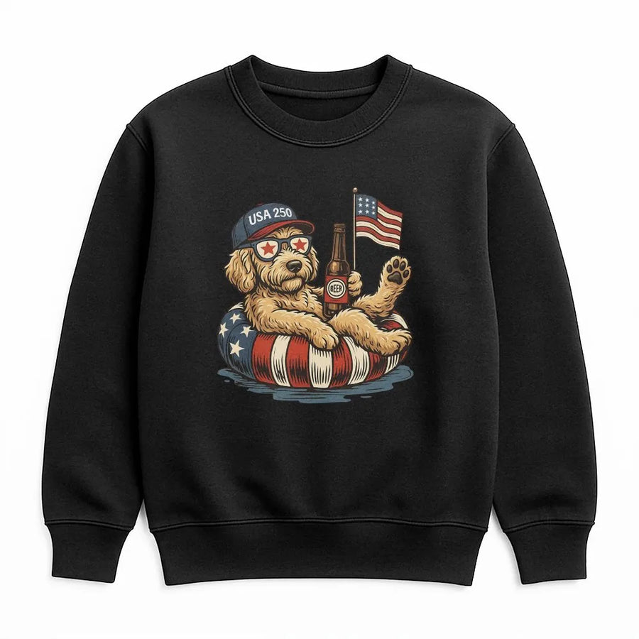 Patriotic Doodle Sweatshirt | Funny USA 250th Anniversary Dog with Beer | Cozy Cotton Blend Unisex Crewneck | 4th of July Gift for Dog Lover