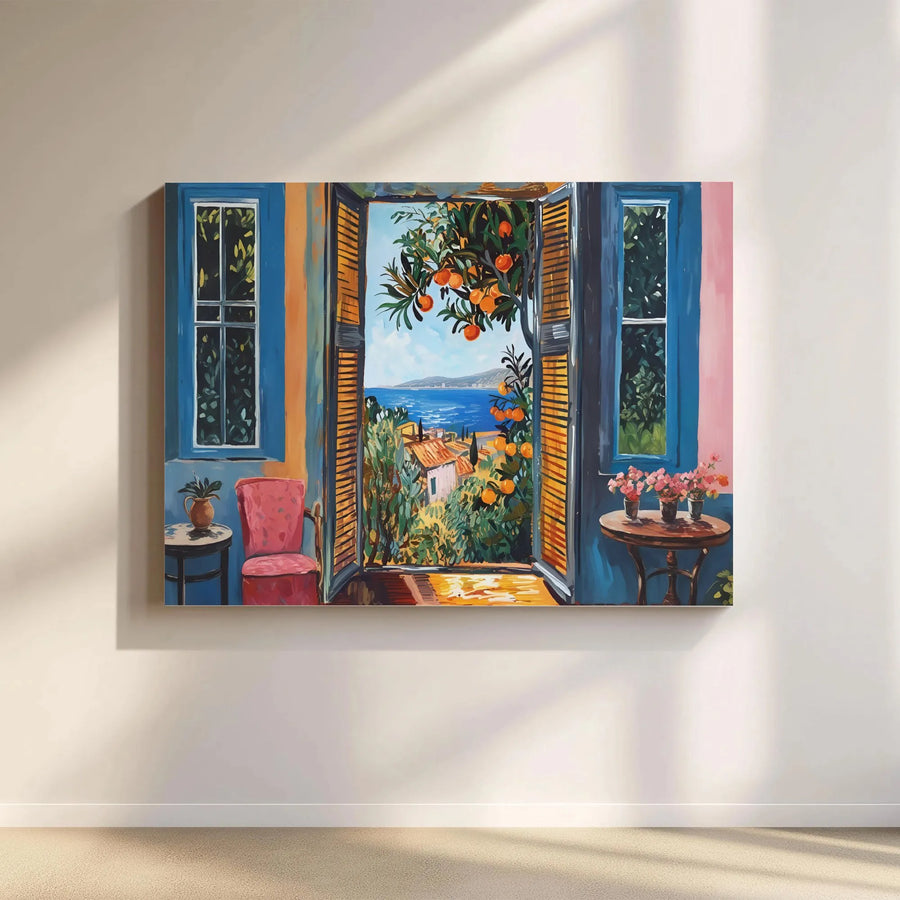 Mediterranean Window View Wall Art | Italian Coastal Scenery Canvas Print | Premium Gallery Wrapped Artwork | Colorful Living Room Decor Gift
