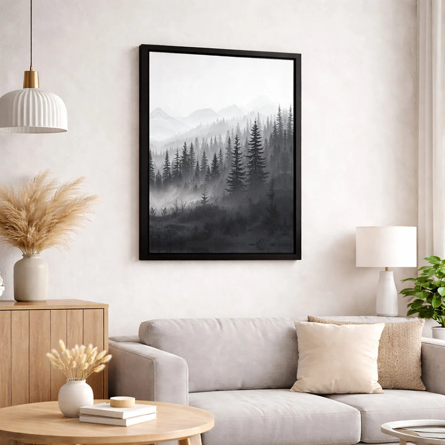 Foggy Pine Forest Canvas Wall Art | Moody Black and White Mountain Landscape | Premium 1.25 inch Gallery Wrap | Modern Home Office Decor