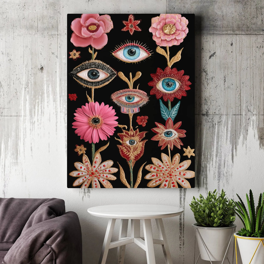 Surreal Eye Flower Canvas Wall Art | Psychedelic Botanical Print with Gold Accents | Premium Fade-Resistant Canvas | Eclectic Gothic Home Decor Gift