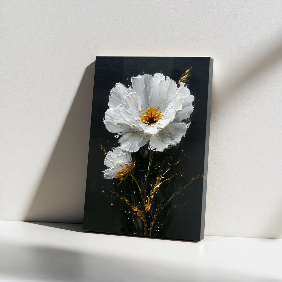 Textured White Flower Canvas Wall Art | 3D Impasto Style Floral Print with Gold Accents | Thick Gallery Wrapped Canvas | Premium Modern Home Decor Gift