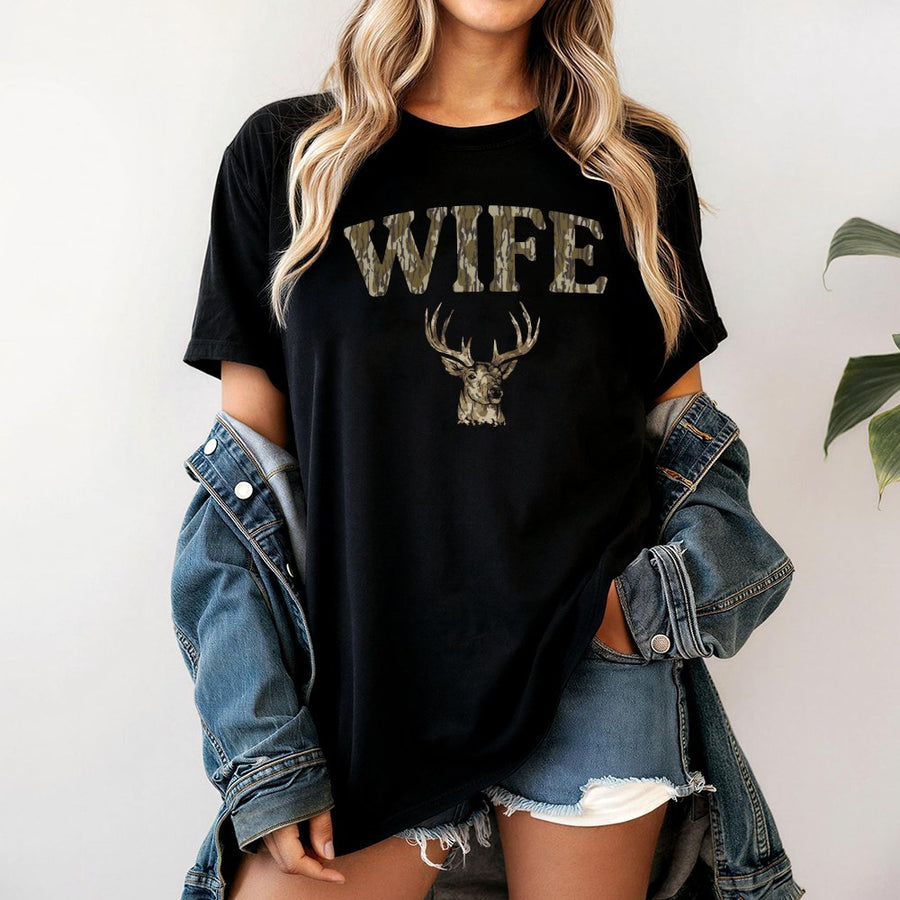 Hunting Wife T-Shirt | Camo Deer Antler Graphic Design | 100% Cotton Premium Tee | Wildlife Enthusiast Gift for Her