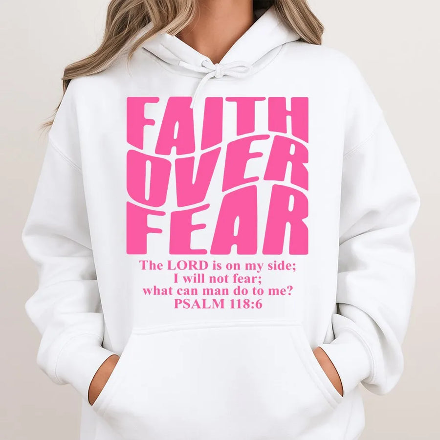 Faith Over Fear Hoodie | Wavy Retro Christian Typography | Premium Cotton Blend | Inspirational Religious Gift for Women