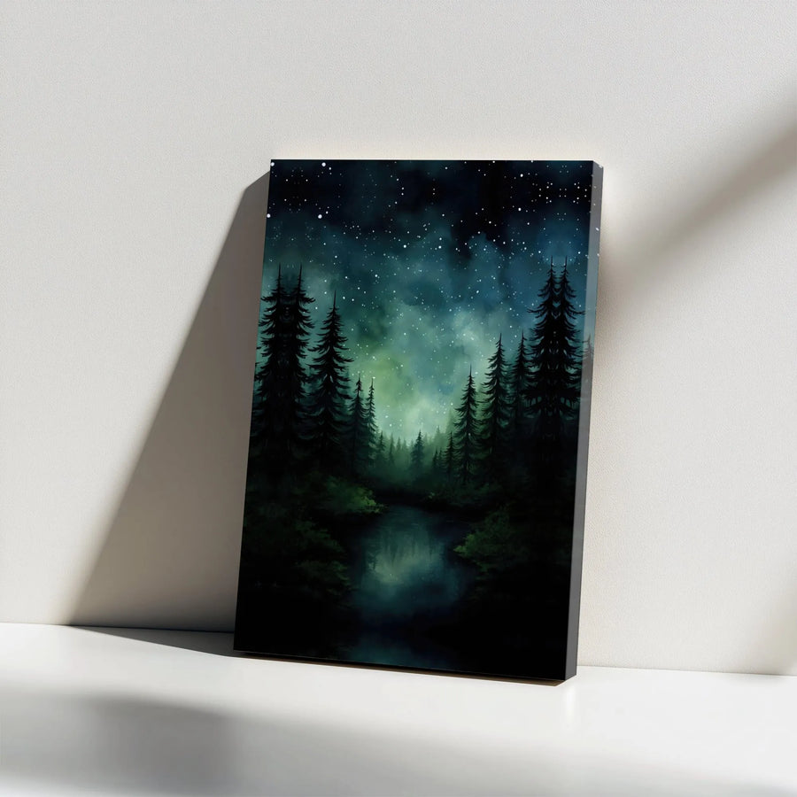 Mystical Pine Forest Canvas Wall Art | Starry Night River Landscape | Premium Gallery Wrap Print | Nature Lover Home Decor Gift