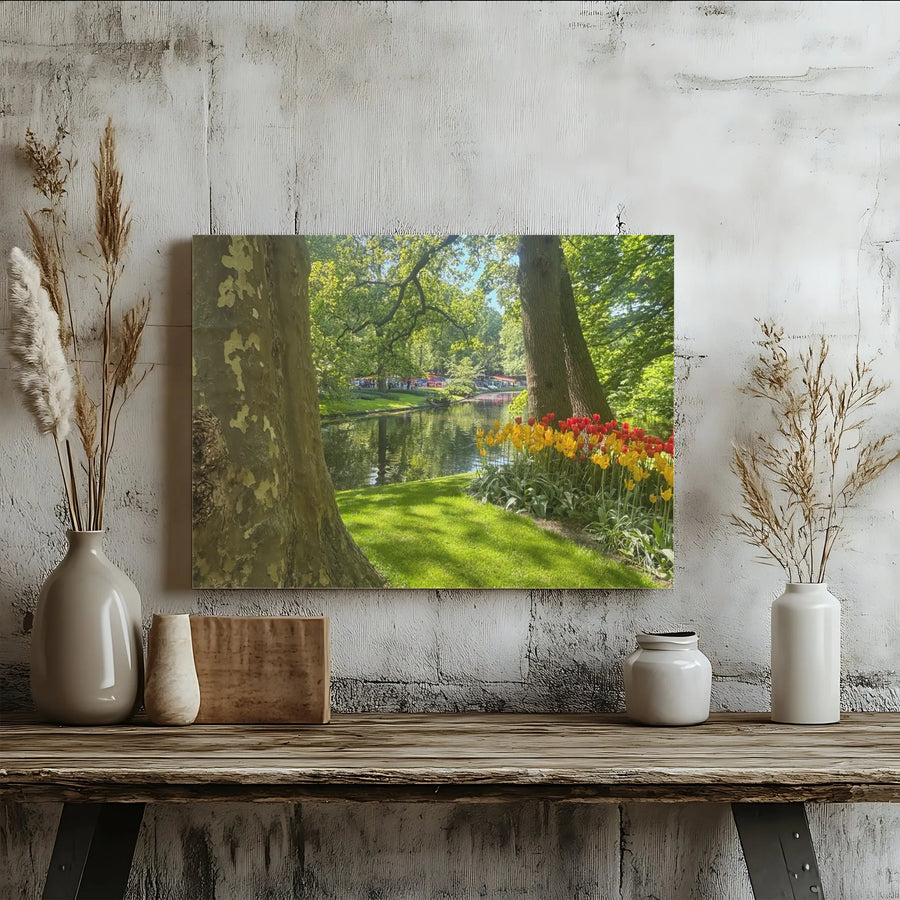 Spring Park Landscape Canvas Print | Red and Yellow Tulip Garden Wall Art | 1.25 Inch Gallery Wrap | Botanical Home Decor for Living Room