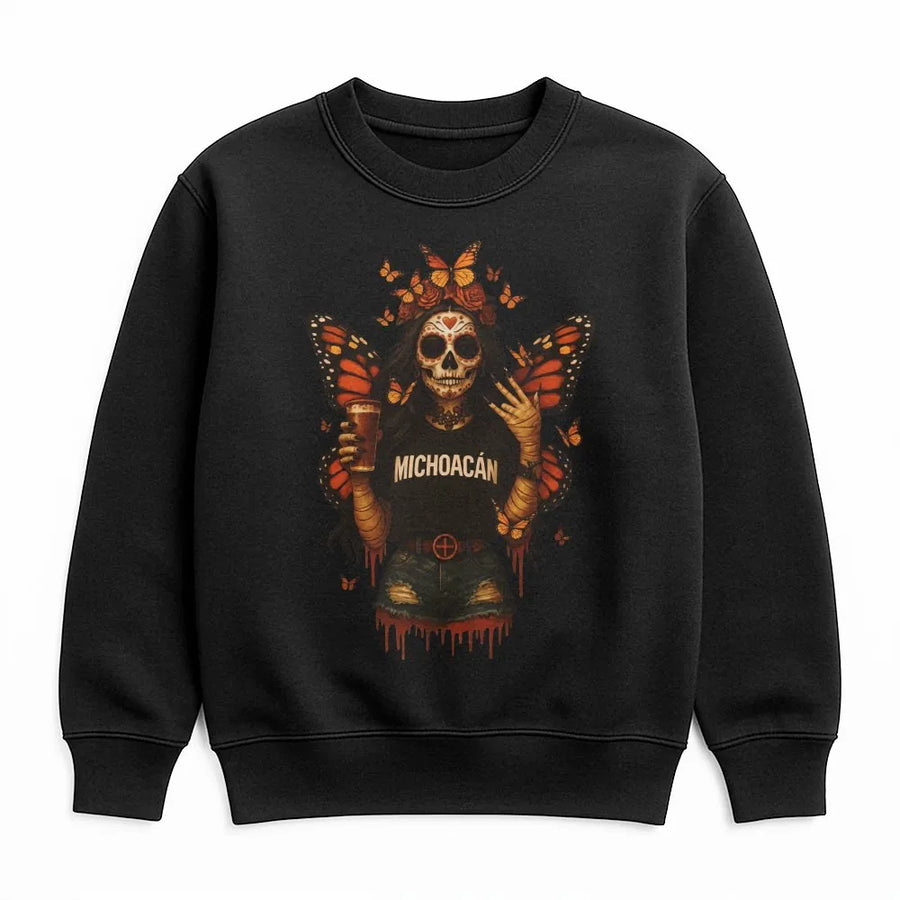 Michoacán Butterfly Skull Sweatshirt | Dia De Los Muertos Monarch Art | Premium Cotton Blend Crewneck | Mexican Heritage Gift For Her