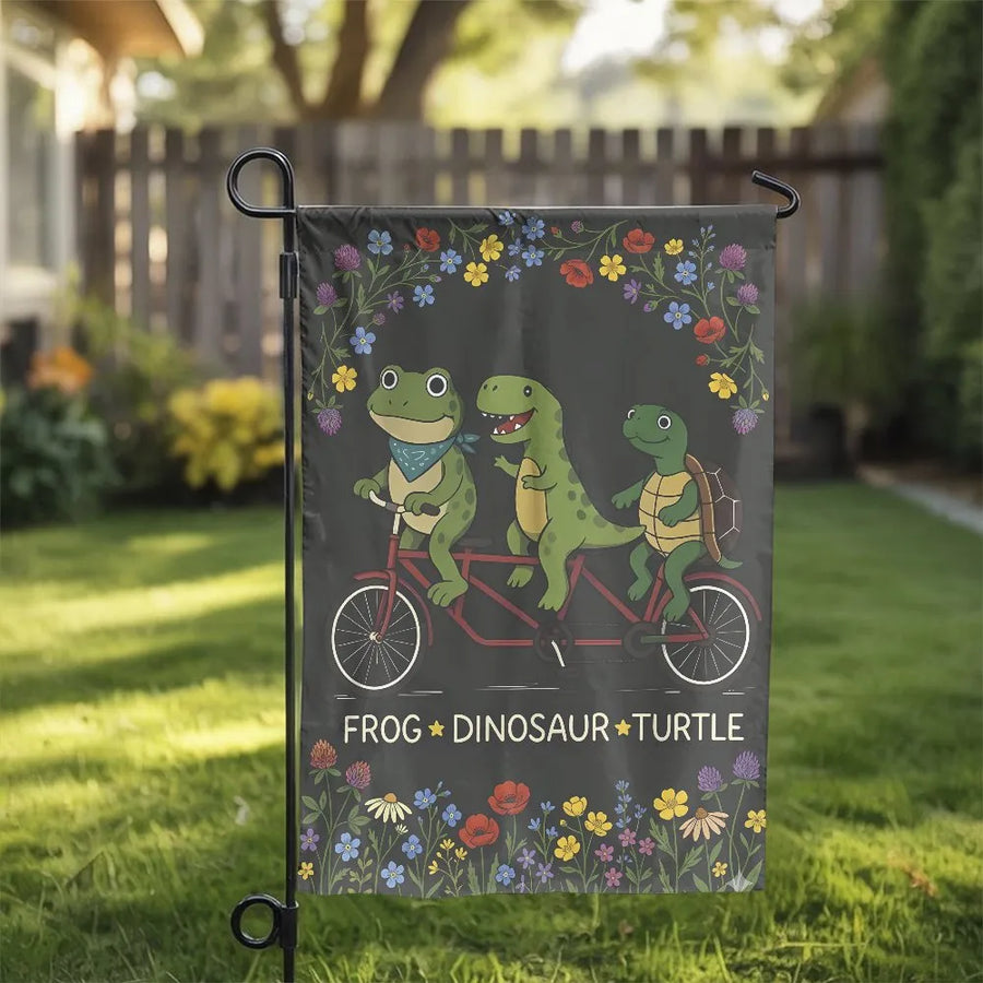Frog Dinosaur Turtle Garden Flag | Whimsical Animal Friends on Bicycle with Wildflowers | Double Sided Polyester | Unique Yard & Patio Decor Gift