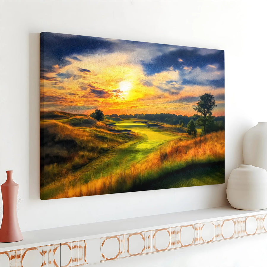 Golf Course Canvas Wall Art | Impressionist Sunset Landscape Painting | Premium Gallery Wrapped Canvas | Gift for Golfer, Man Cave Decor