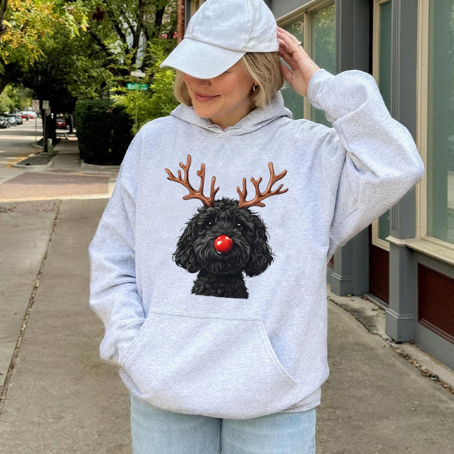 Goldendoodle Christmas Hoodie | Reindeer Antlers Red Nose Graphic | Premium Cotton Blend | Funny Dog Mom Holiday Gift For Doodle Lovers