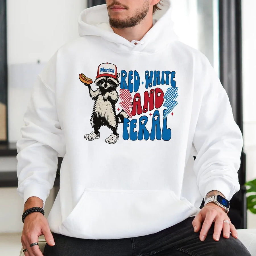 Red White and Feral Hoodie | Funny Patriotic Raccoon Graphic | Premium Cotton Blend | 4th of July Independence Day Gift