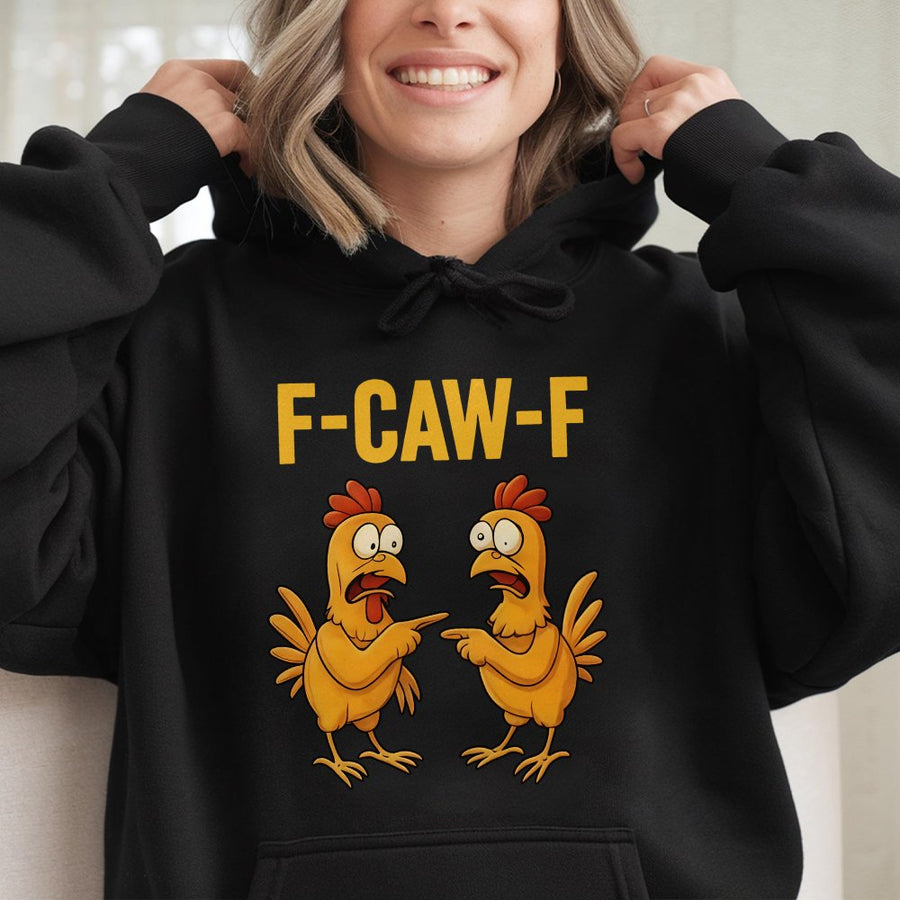 F-Caw-F Chicken Hoodie | Funny Pointing Rooster Cartoon Graphic | Premium Cotton Blend Pullover | Humorous Farm Animal Gift For Men Women