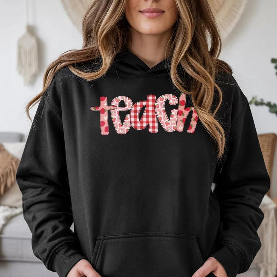 Teacher Hoodie | Strawberry and Gingham 'Teach' Graphic | Cozy Cotton Blend | Back to School Gift for Her