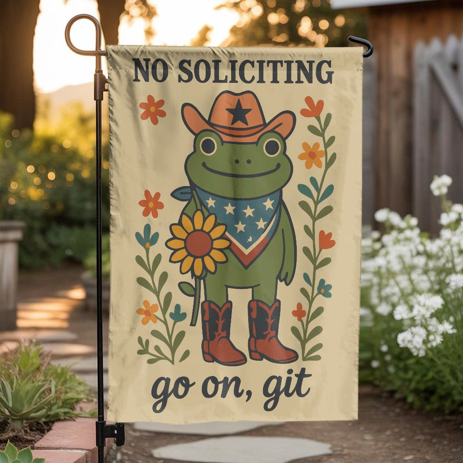 No Soliciting Garden Flag | Cowboy Frog with Sunflower Design | Durable Weather-Resistant Polyester | Funny Outdoor Yard Decor Gift for Frog Lovers