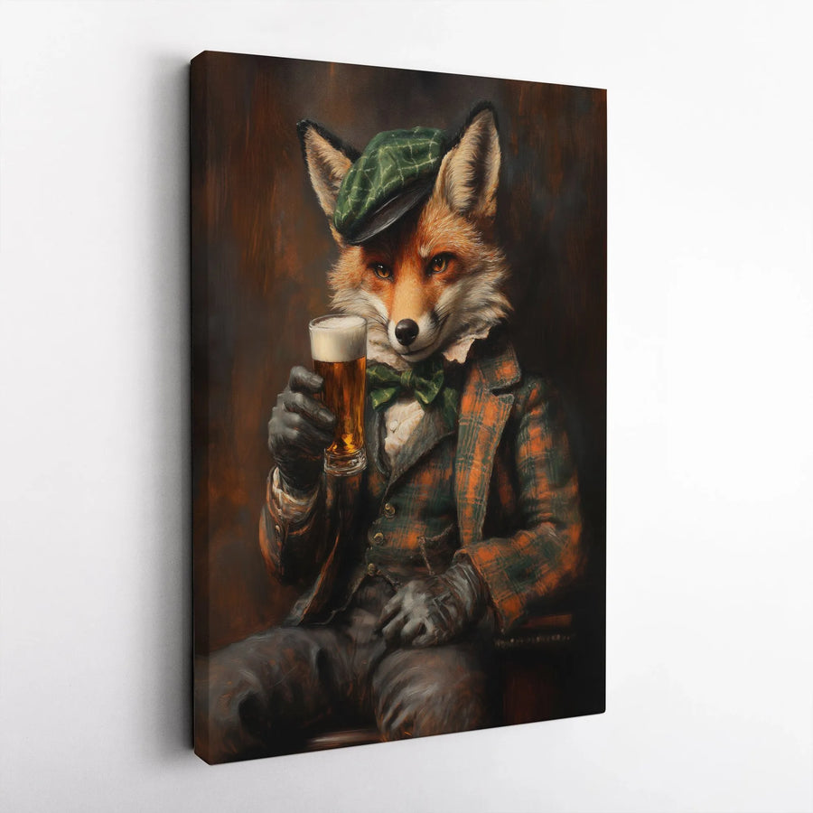 Gentleman Fox Drinking Beer Canvas Wall Art | Anthropomorphic Animal Portrait | Premium Gallery Wrap Print | Whimsical Bar Decor Gift