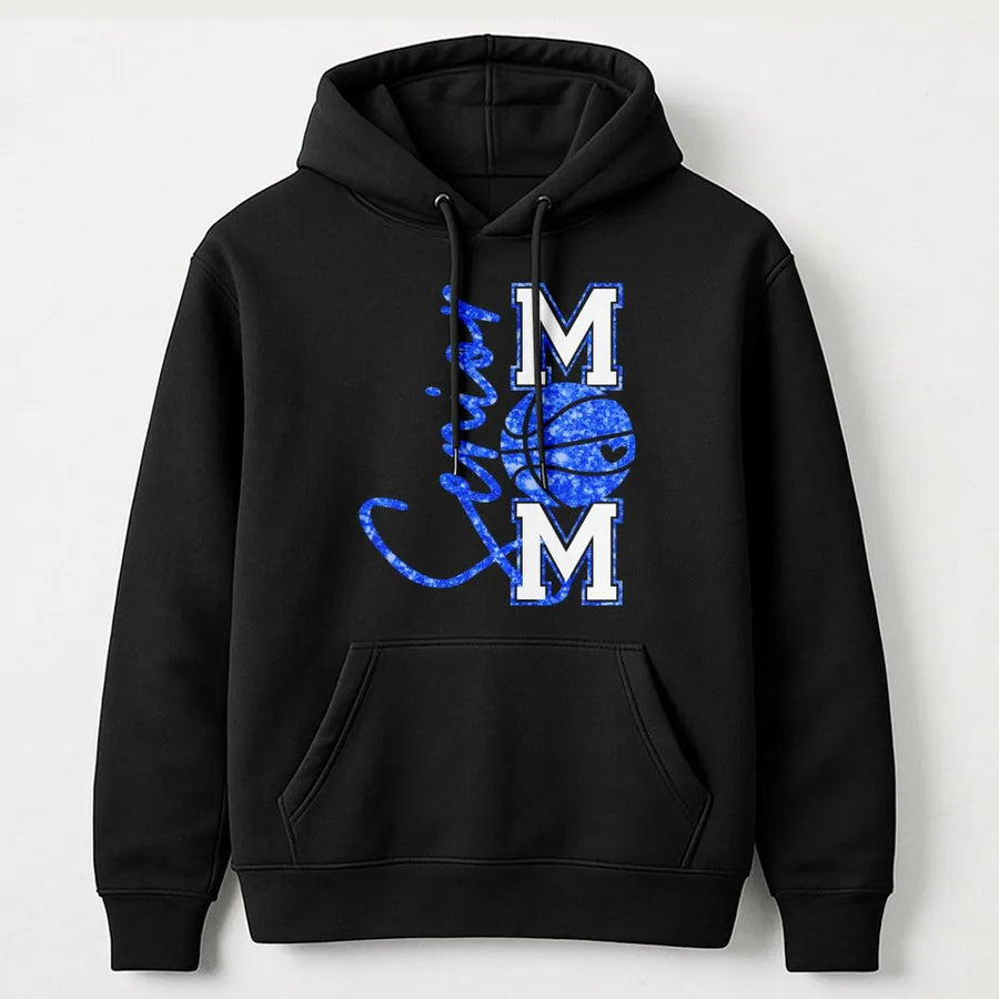 Senior Basketball Mom Hoodie | Glitter Basketball Graphic Design | Cotton-Blend Premium Apparel | Perfect Gift for Proud Basketball Moms
