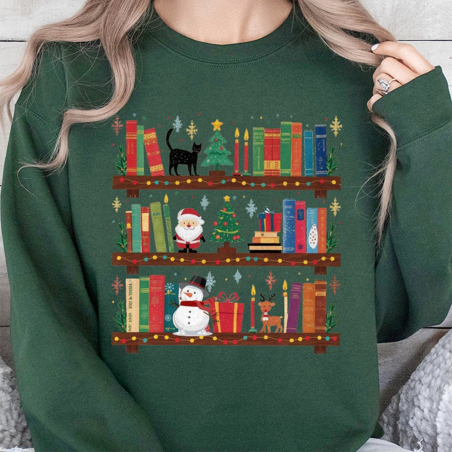 Christmas Bookshelf Sweatshirt | Festive Holiday Library Design | Premium Cotton Blend | Cozy Gift for Readers and Librarians