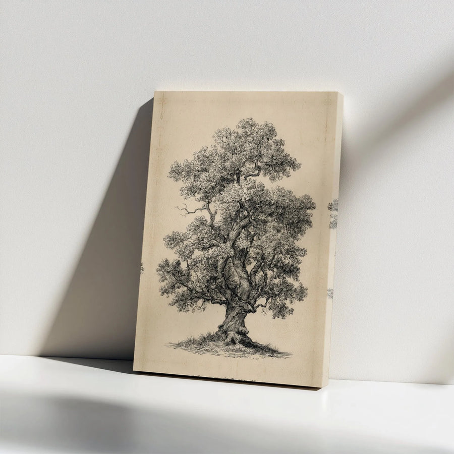 Vintage Oak Tree Canvas Wall Art | Botanical Sketch Illustration | Premium Gallery Wrapped Canvas | Rustic Farmhouse Decor Gift