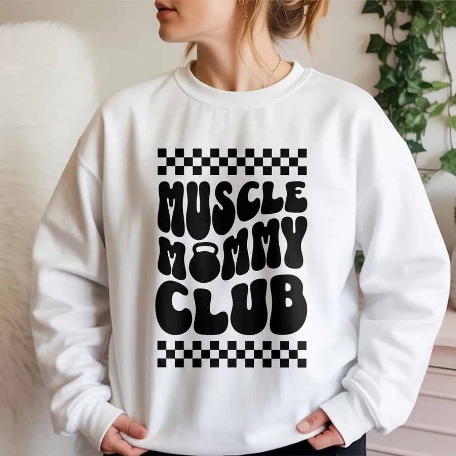 Muscle Mommy Club Sweatshirt | Retro Checkerboard Gym Graphic | Premium Cotton Blend | Funny Pump Cover Gift For Women Weightlifter