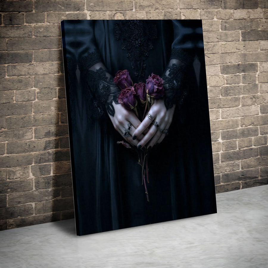 Gothic Wall Art Canvas | Dark Victorian Lace Woman With Dried Roses | Premium Gallery Wrapped Decor | Moody Witchy Aesthetic Home Gift