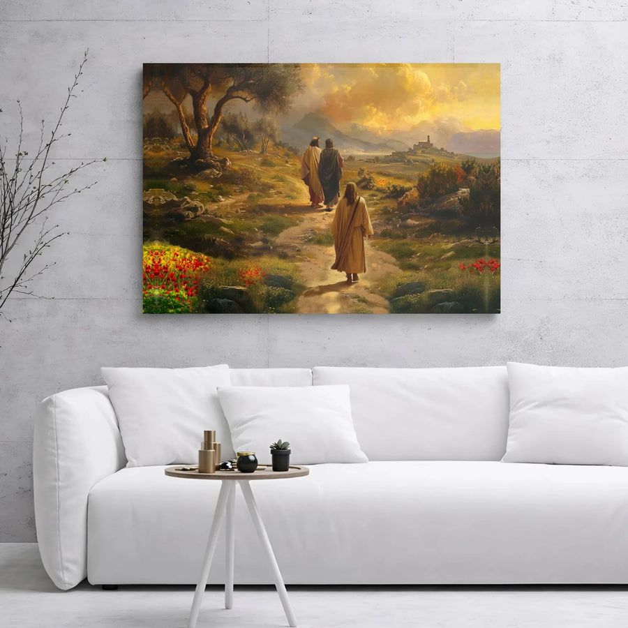 Jesus on the Road to Emmaus Canvas Wall Art | Biblical Landscape Scripture Print | Premium Gallery Wrap Decor | Religious Gift for Christian Home