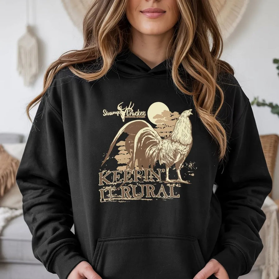 Rural Rooster Hoodie | Vintage 'Keepin' It Rural' Graphic Pullover | Soft Cotton Blend Crewneck | Country Gift for Farmer & Outdoorsman