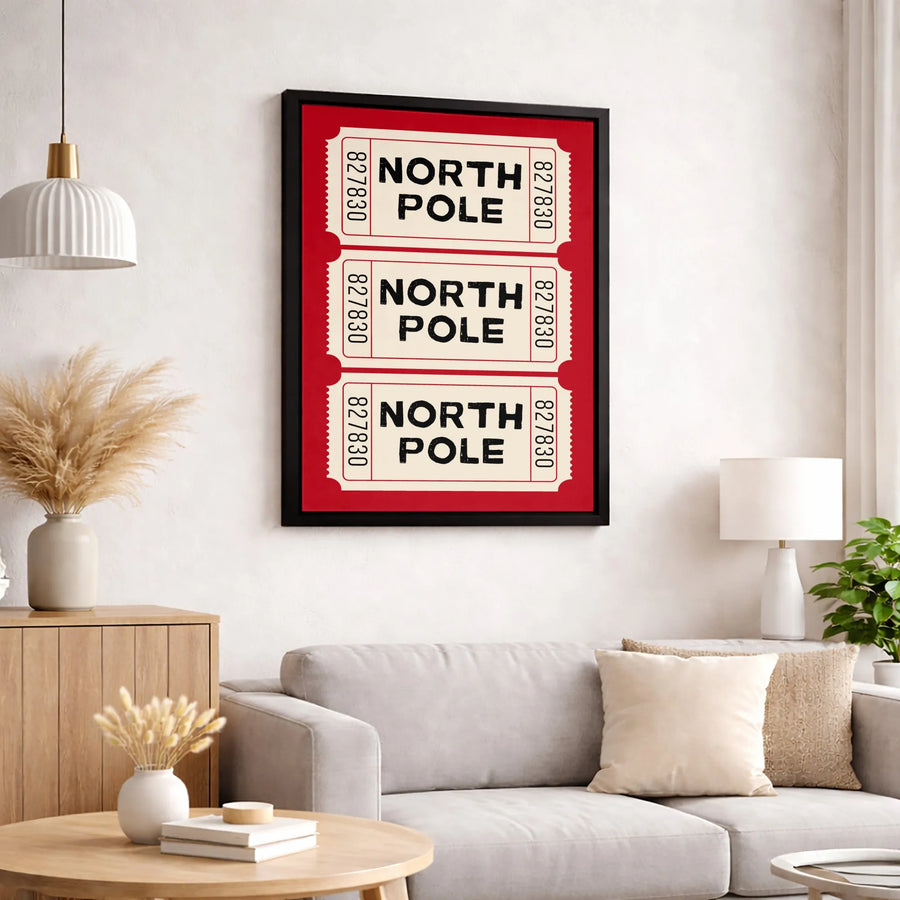 North Pole Ticket Wall Art | Vintage Christmas Admit One Print | Gallery Wrapped Canvas | Festive Holiday Home Decor Gift