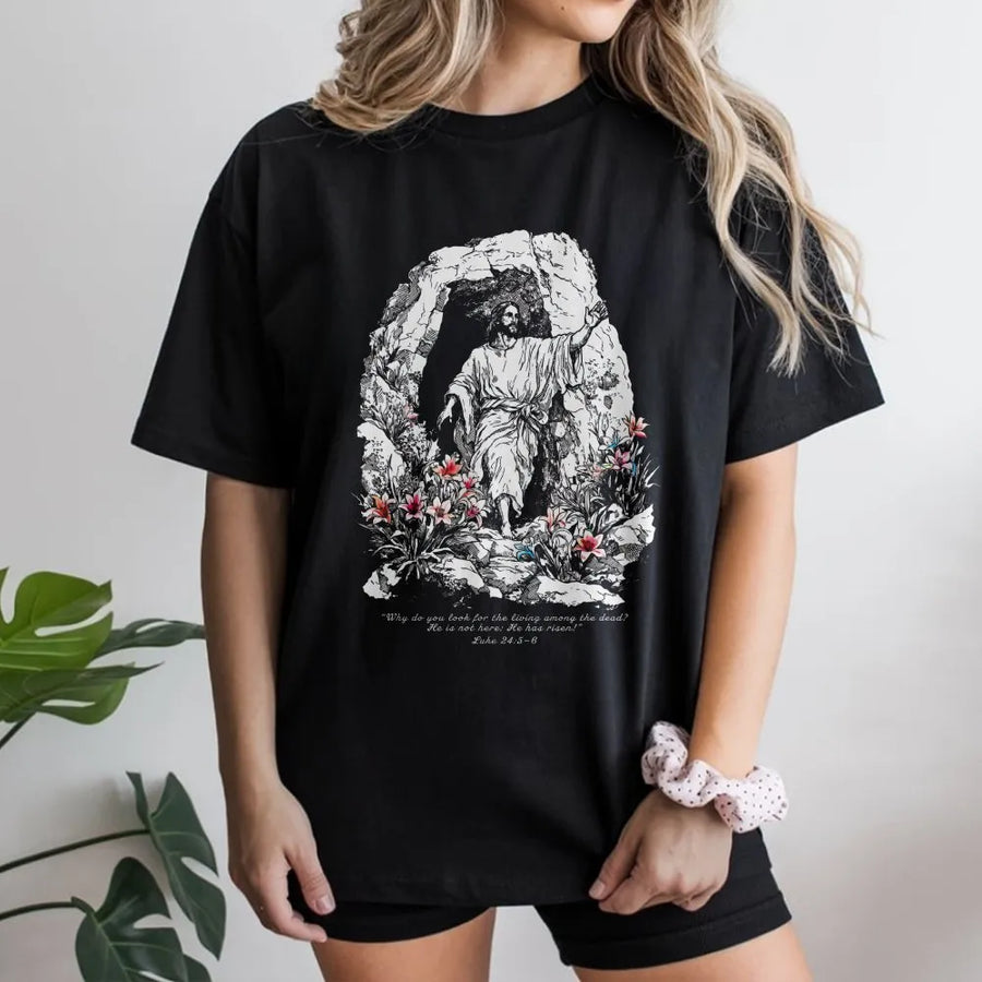 Christian Resurrection T-Shirt | Vintage Jesus Faith Graphic Art | 100% Cotton Premium Tee | Inspirational Religious Easter Gift for Men and Women