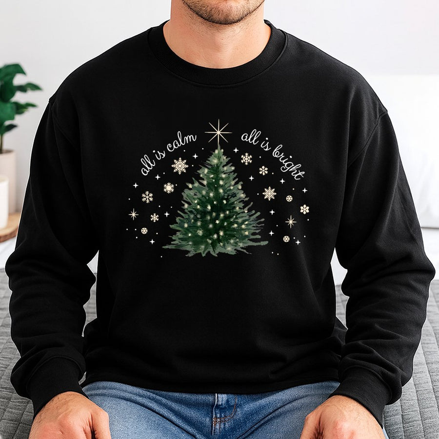 All Is Calm All Is Bright Sweatshirt | Minimalist Christmas Tree Graphic | Soft Cotton-Poly Blend | Festive Holiday Gift for Women and Men