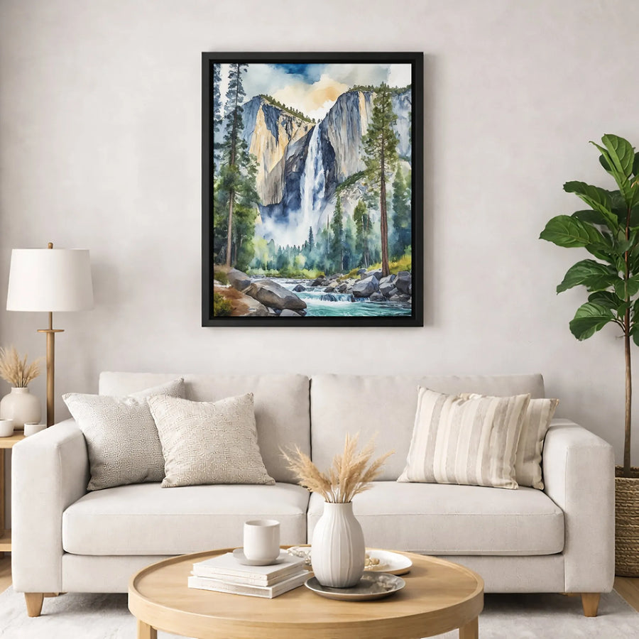 Yosemite Falls Wall Art | Watercolor National Park Landscape Painting | Premium Gallery-Wrapped Canvas | Nature Lover Gift & Office Decor