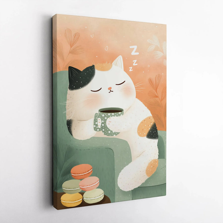 Calico Cat Canvas Wall Art | Sleeping Kitty With Coffee And Macarons | Premium Gallery-Wrapped Print | Cozy Home Decor Gift For Cat Lovers