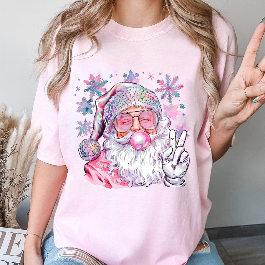 Retro Disco Santa T-Shirt | Bubble Gum Peace Sign Christmas Graphic | 100% Cotton Premium Tee | Trendy Holiday Gift for Women and Teens