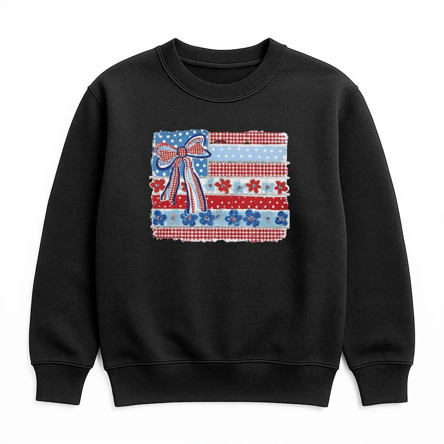 Coquette American Flag Sweatshirt | Patriotic Bow & Ditsy Floral USA Flag | Soft Cotton Blend Sweatshirt | 4th of July Gift for Her