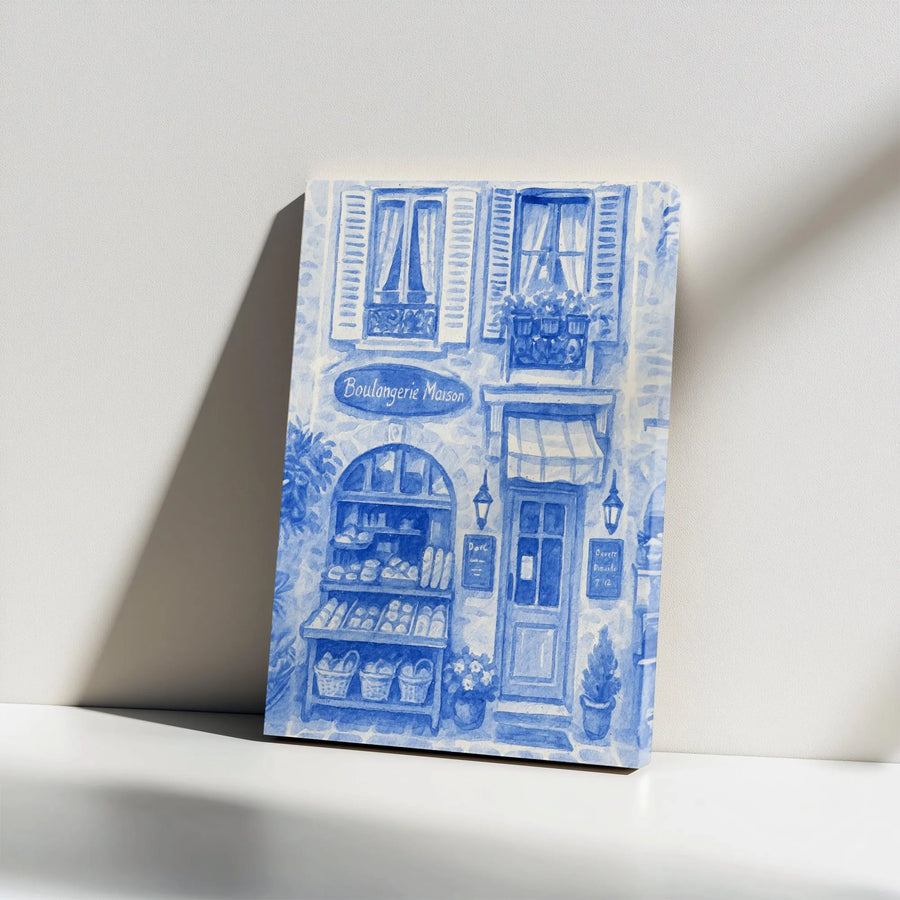 French Bakery Canvas Print | Blue and White Watercolor Shop Facade | Premium Gallery Wrapped Wall Art | Aesthetic Kitchen Home Decor Gift