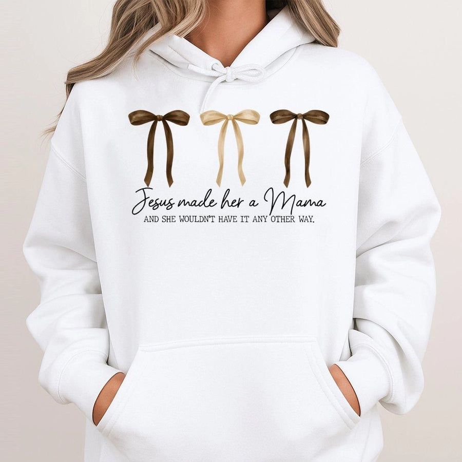 Jesus Made Her A Mama Hoodie | Christian Mom Aesthetic Bow Graphic | Premium Soft Cotton Blend | Religious Gift for Mothers and New Moms