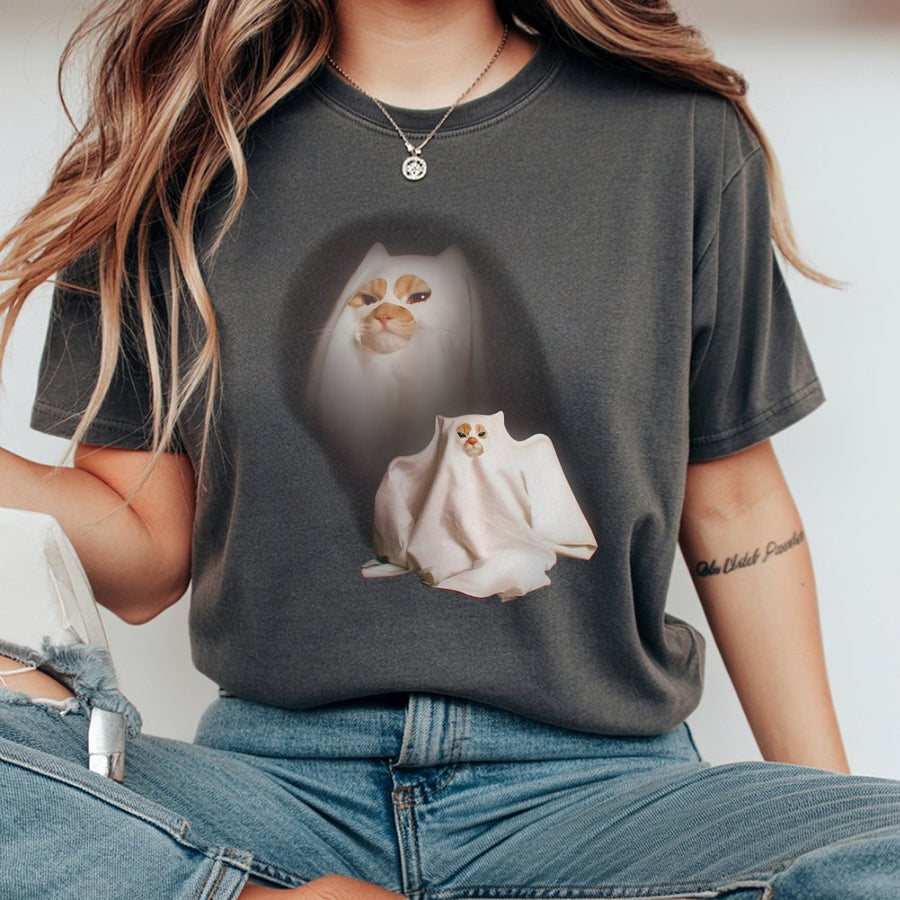 Ghost Cat T-Shirt | Funny Halloween Meme Graphic Tee | Premium 100% Cotton Apparel | Cute Kitten Gift for Cat Lovers