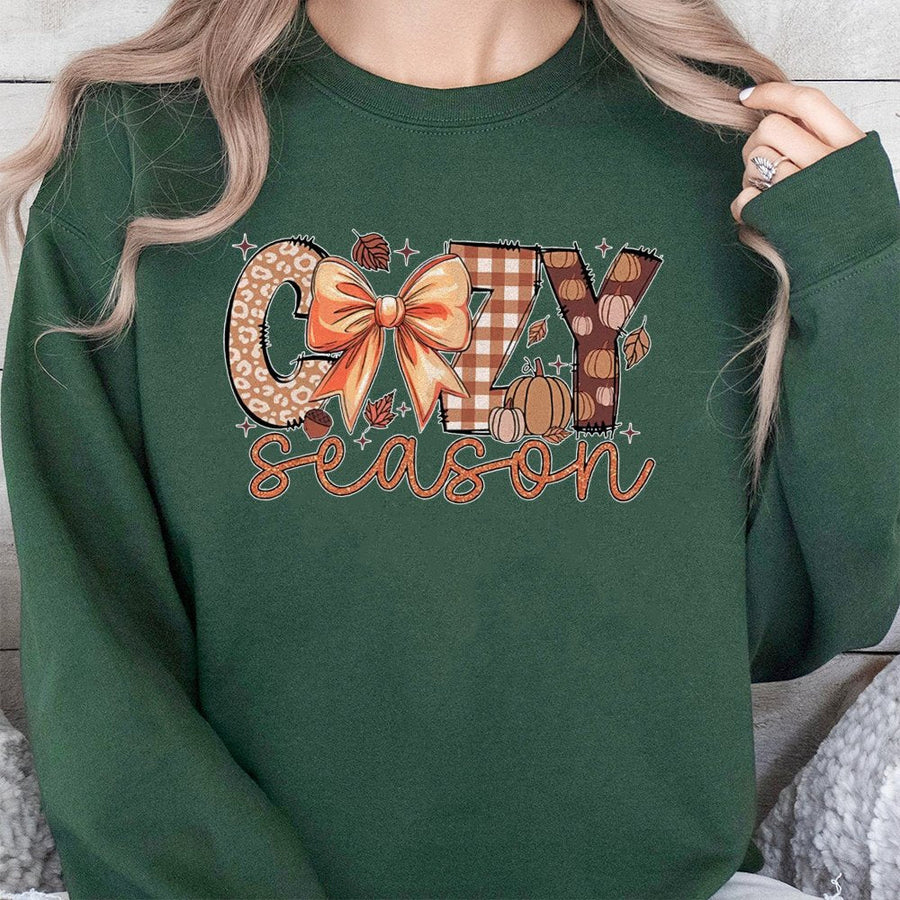 Cozy Season Sweatshirt | Fall Aesthetic Pumpkin Bow Graphic | Cotton Polyester Blend | Trendy Thanksgiving Gift For Women