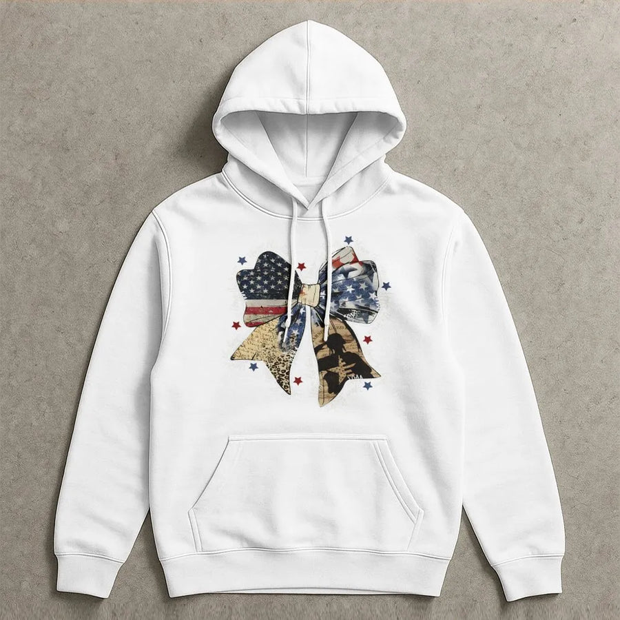 American Flag Coquette Bow Hoodie | Patriotic Distressed Print | Premium Cotton Blend | Gift For Women And Fourth Of July Enthusiasts