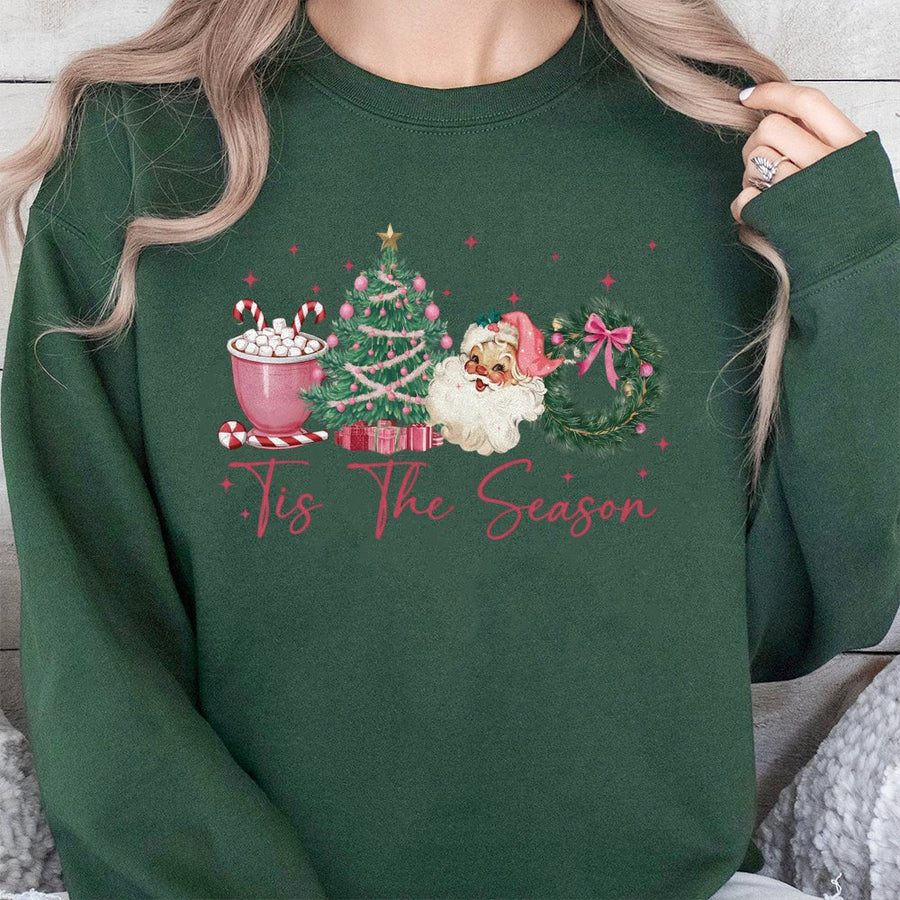 Tis The Season Sweatshirt | Retro Pink Christmas Graphic | Soft Cotton Blend Crewneck | Cute Holiday Gift For Her