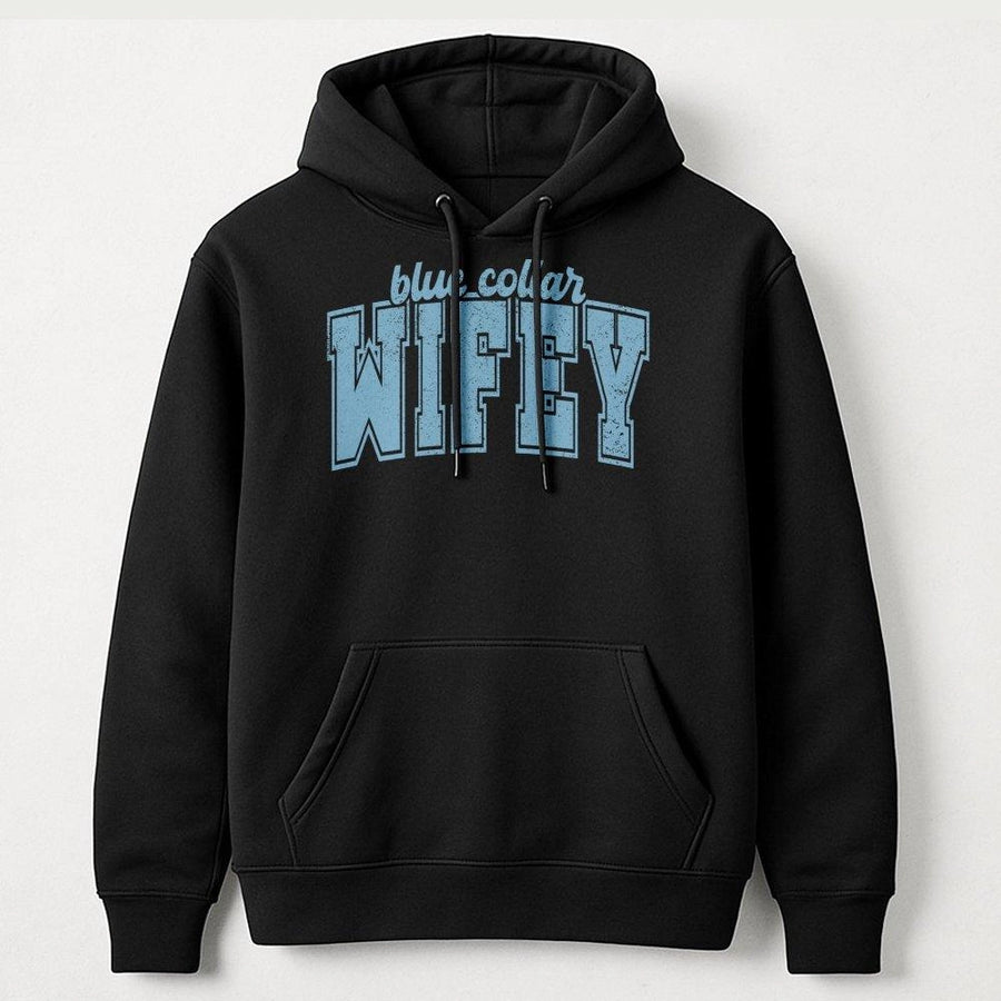Blue Collar Wifey Hoodie | Varsity Letter Graphic Pullover | Premium Cotton Blend | Gift For Construction Wife, Proud Tradesman Partner