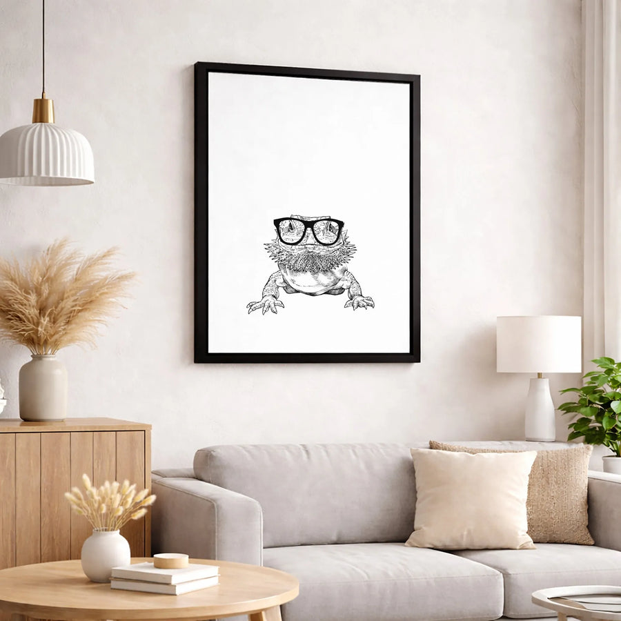 Bearded Dragon Wall Art | Quirky Reptile Sketch With Glasses | Premium Gallery Wrap Canvas | Unique Animal Lover Home Decor Gift