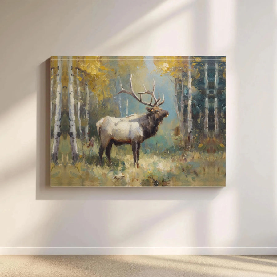 Majestic Bull Elk Canvas Print | Autumn Aspen Forest Oil Painting Style | 1.25" Gallery Wrap | Wildlife Nature Wall Art for Cabin Lodge Decor