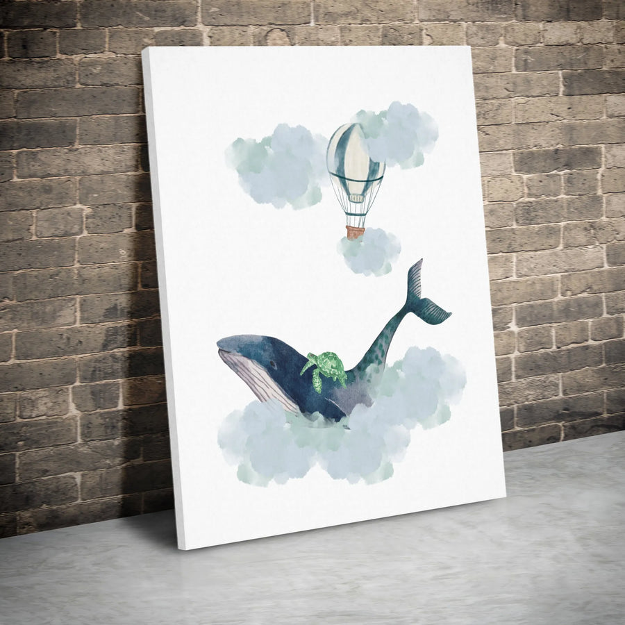 Whale and Sea Turtle Canvas Wall Art | Watercolor Hot Air Balloon Decor | Premium Fade-Resistant Print | Nursery and Kids Room Wall Decor