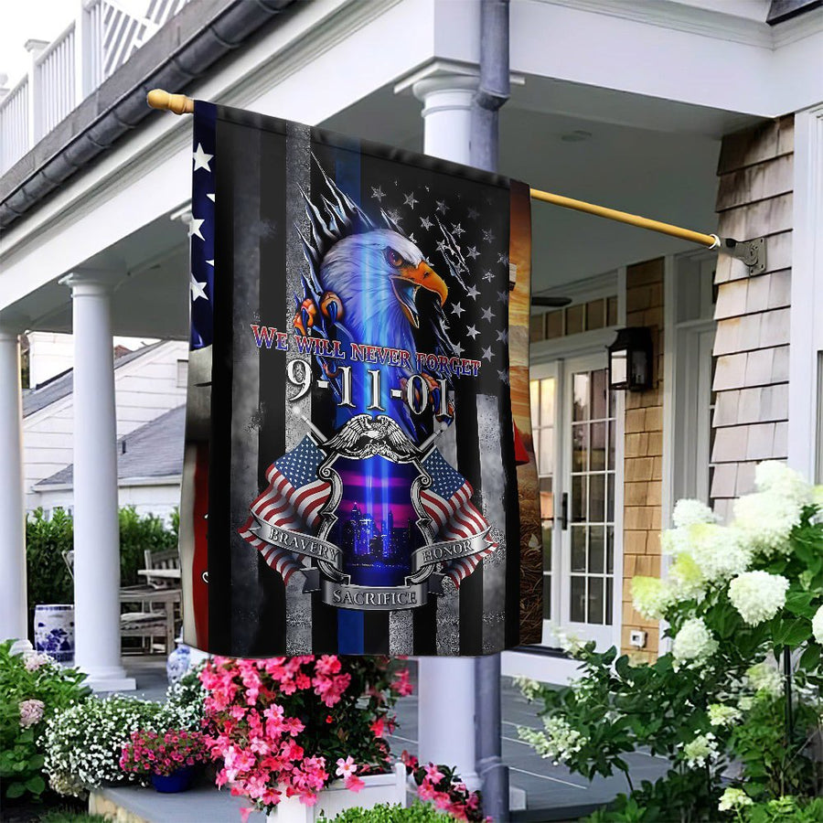 9/11 Memorial Garden Flag | We Will Never Forget Eagle & Twin Towers Tribute | Premium Weather-Resistant Polyester | Patriotic Garden Decor Gift