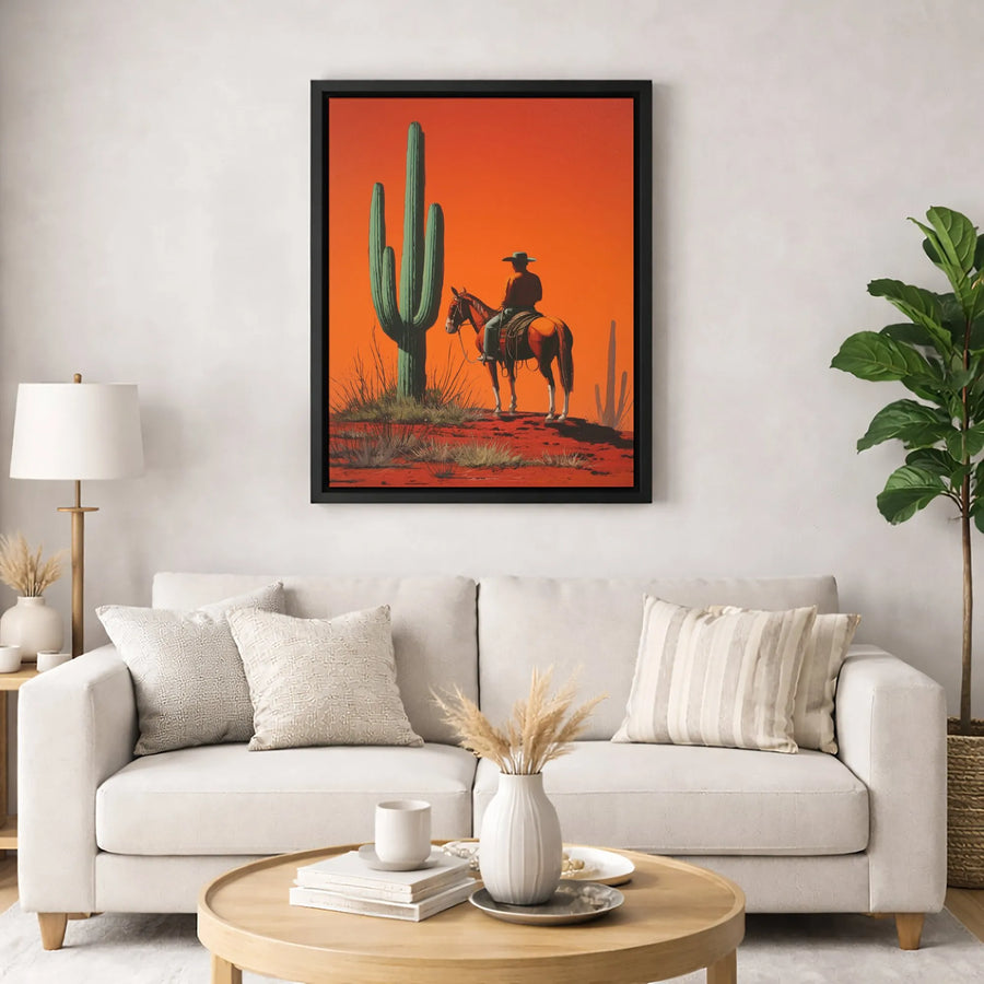 Western Cowboy Wall Art | Desert Sunset Saguaro Cactus Canvas Print | Premium Gallery Wrapped Decor | Southwestern Gift for Living Room