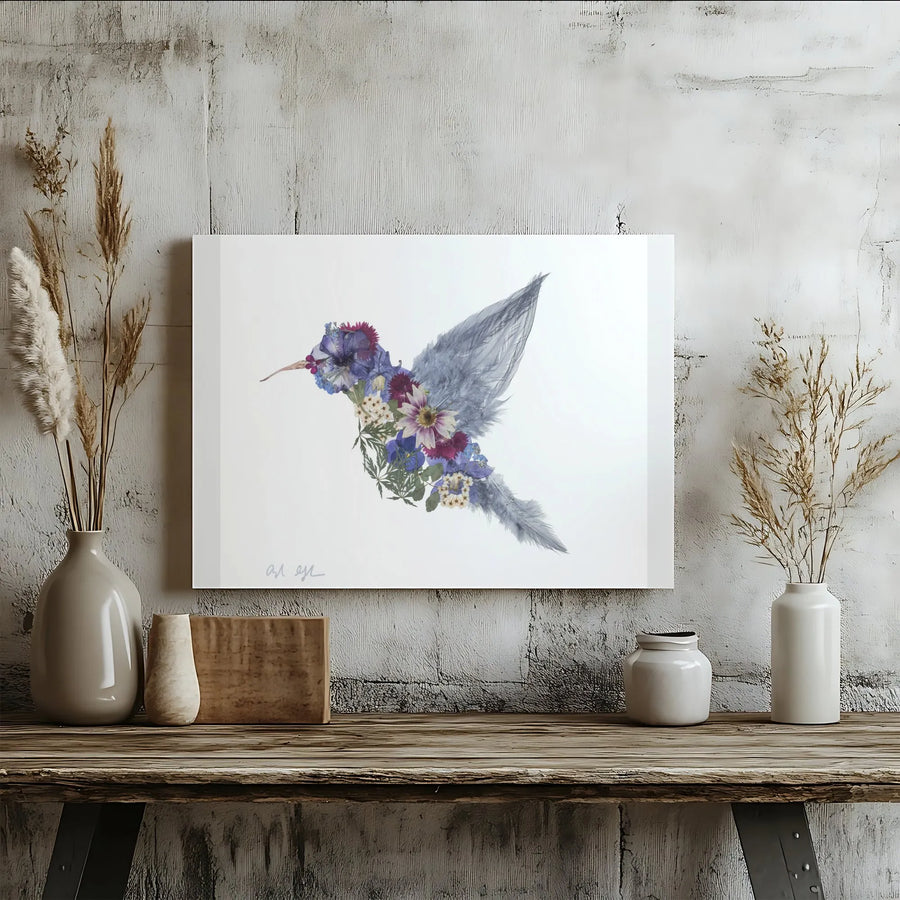 Hummingbird Canvas Wall Art | Pressed Floral Collage Design | Premium 1.25" Thick Gallery Wrap | Collector's Gift for Nature Lover